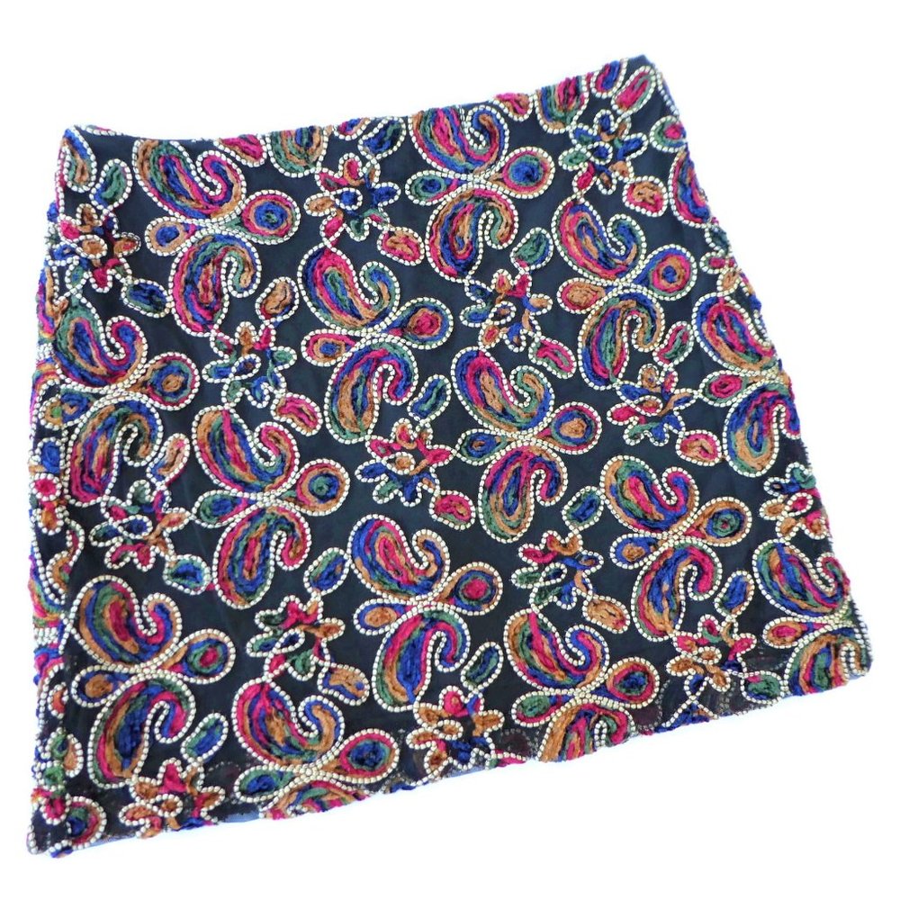 Zara Mini Skirt Lined 3D Paisley Velvet Mesh Back Zipper Spain Disco Chic 8 M